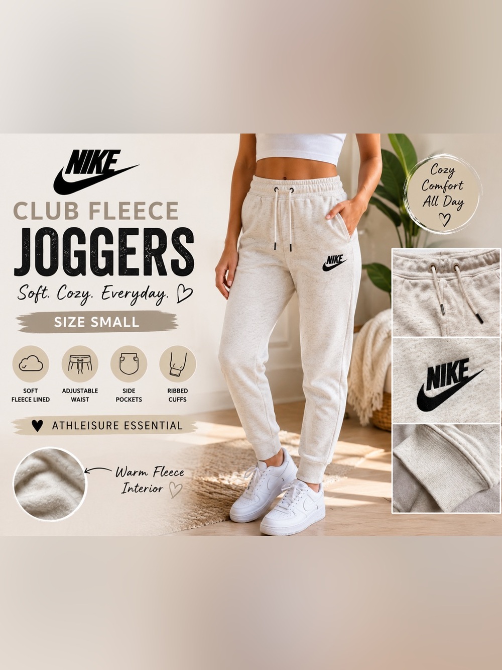Nike Sportswear Club Fleece Jogger Sweatpants Cream Oatmeal Beige Size Small S